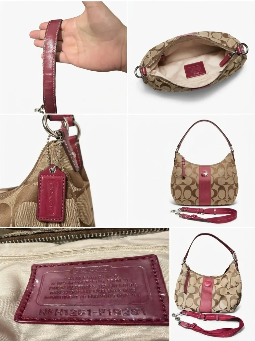 Coach Signature Khaki & Berry Red Canvas Hobo Shoulder Bag with Crossbody Strap